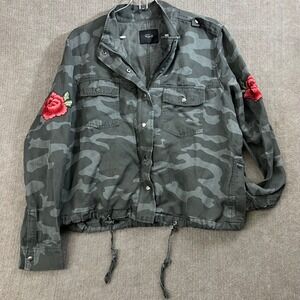 RAILS Women Lg Camo Military Jacket Rose Patch Embroidered Utility‎ Cotton Blend